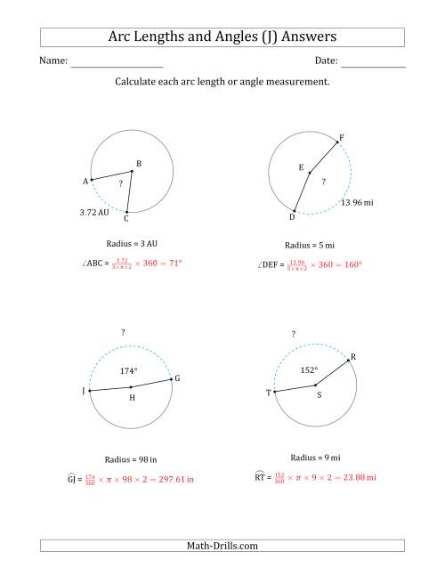 The Calculating Arc Length or Angle from Radius (J) Math Worksheet Page 2