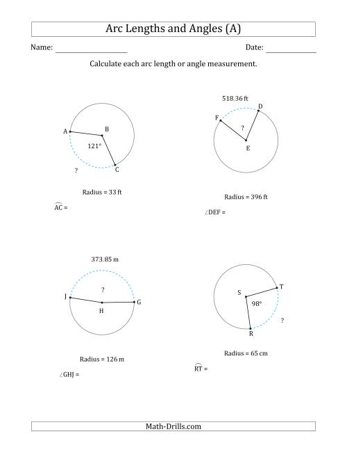 The Calculating Arc Length or Angle from Radius (All) Math Worksheet