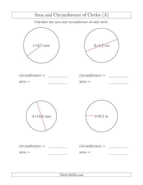Calculate Circumference and Area of Circles (A) Measurement Worksheet