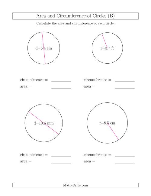 The Calculate Circumference and Area of Circles (B) Math Worksheet