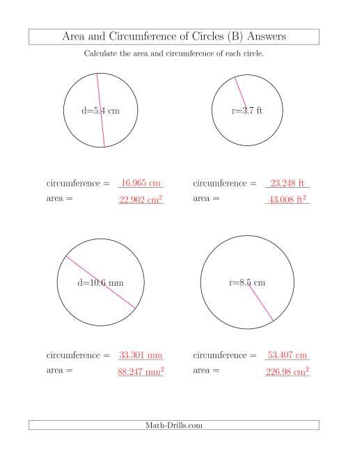 The Calculate Circumference and Area of Circles (B) Math Worksheet Page 2