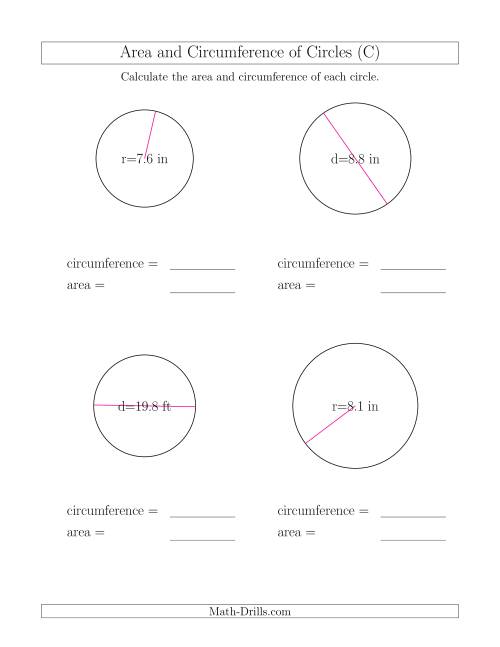 The Calculate Circumference and Area of Circles (C) Math Worksheet