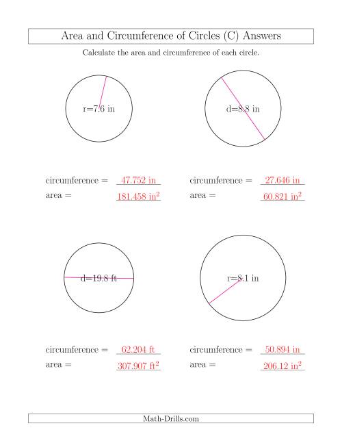 The Calculate Circumference and Area of Circles (C) Math Worksheet Page 2