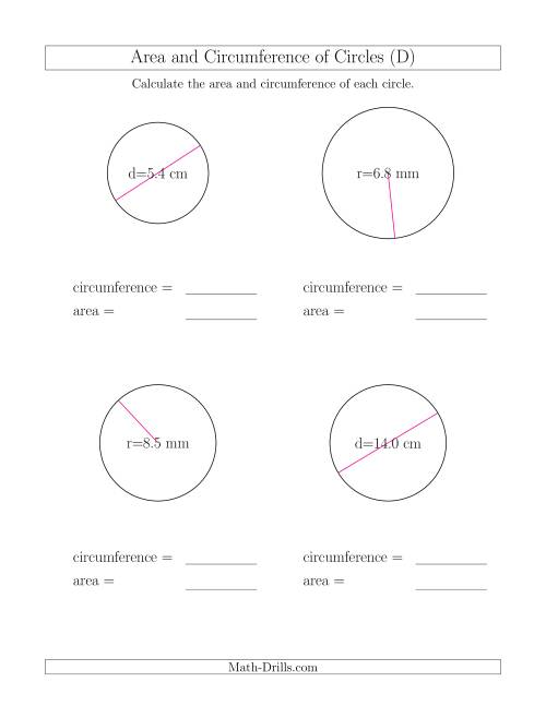The Calculate Circumference and Area of Circles (D) Math Worksheet