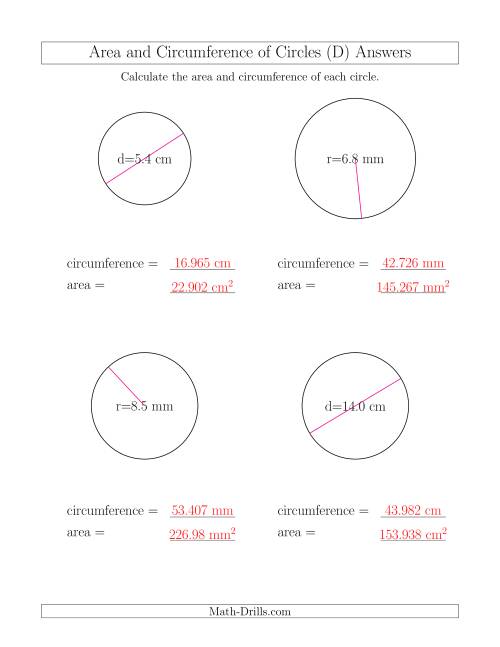 The Calculate Circumference and Area of Circles (D) Math Worksheet Page 2