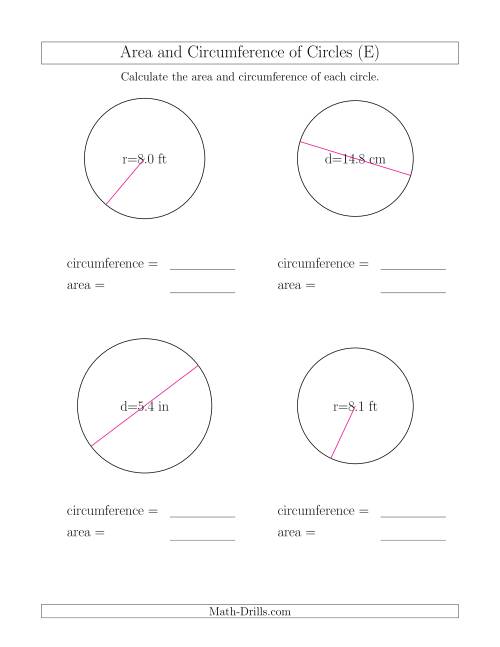 The Calculate Circumference and Area of Circles (E) Math Worksheet