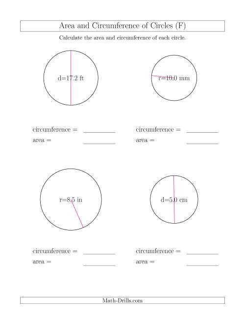 The Calculate Circumference and Area of Circles (F) Math Worksheet