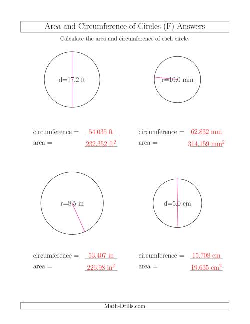 The Calculate Circumference and Area of Circles (F) Math Worksheet Page 2
