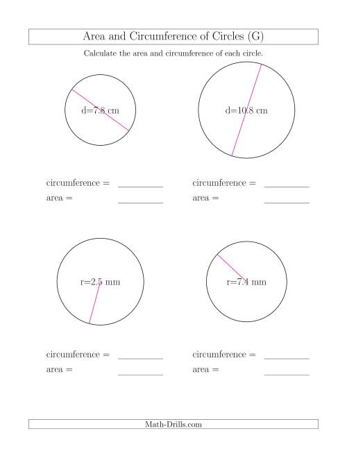 The Calculate Circumference and Area of Circles (G) Math Worksheet
