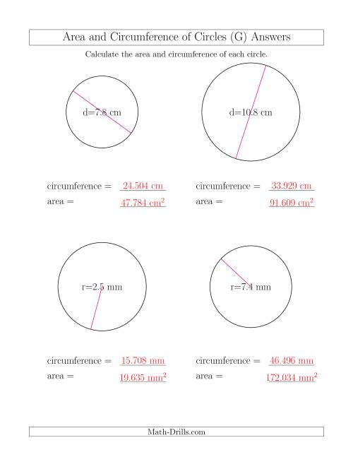 The Calculate Circumference and Area of Circles (G) Math Worksheet Page 2
