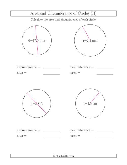 The Calculate Circumference and Area of Circles (H) Math Worksheet