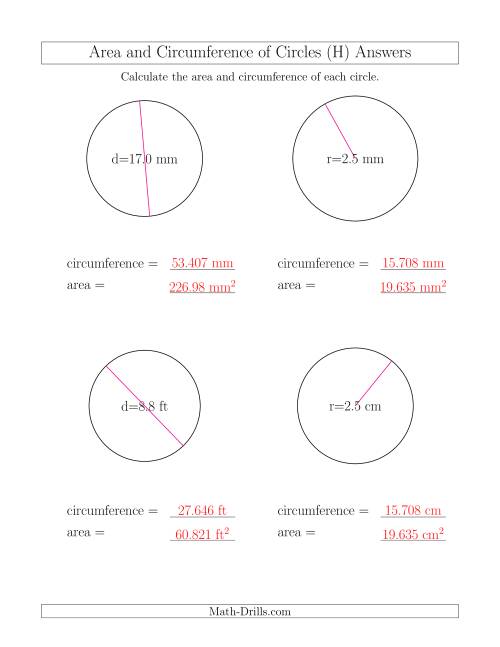 The Calculate Circumference and Area of Circles (H) Math Worksheet Page 2