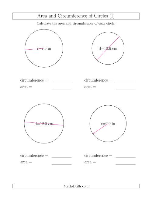The Calculate Circumference and Area of Circles (I) Math Worksheet