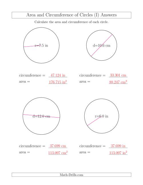 The Calculate Circumference and Area of Circles (I) Math Worksheet Page 2
