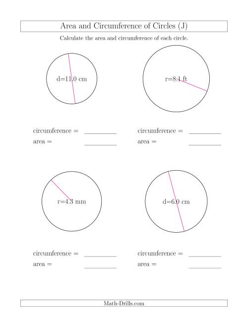 The Calculate Circumference and Area of Circles (J) Math Worksheet