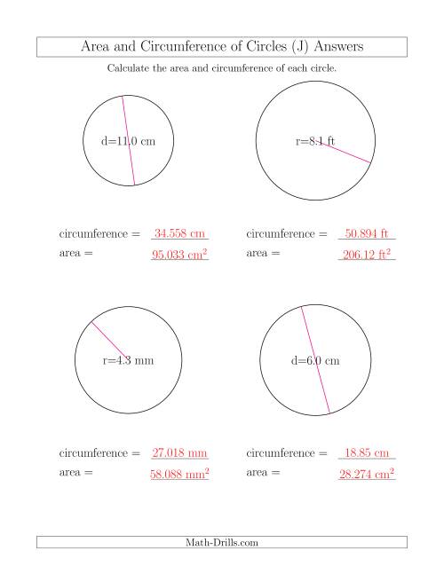 The Calculate Circumference and Area of Circles (J) Math Worksheet Page 2