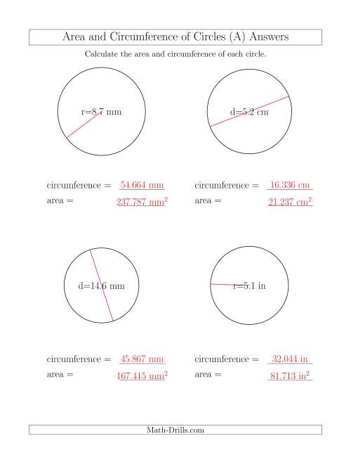 The Calculate Circumference and Area of Circles (All) Math Worksheet Page 2
