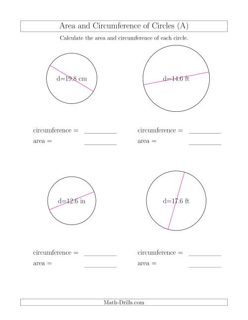 The Calculate Circumference and Area of Circles from Diameter (A) Math Worksheet