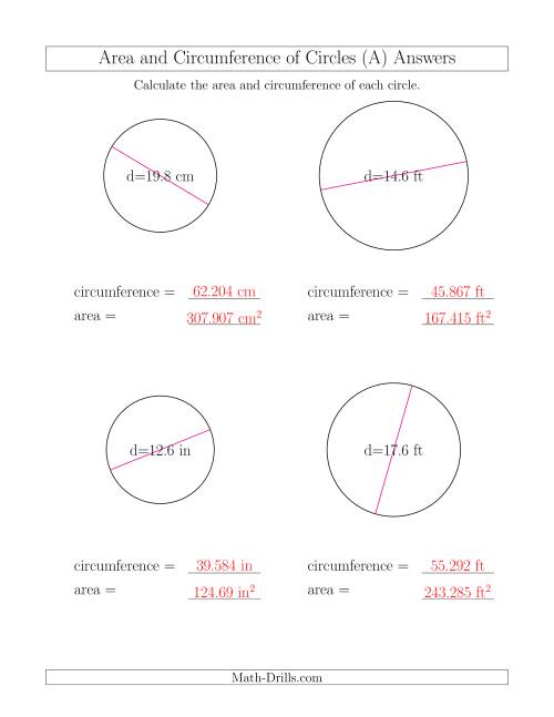 The Calculate Circumference and Area of Circles from Diameter (A) Math Worksheet Page 2