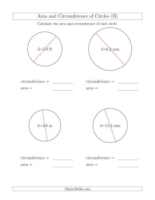 The Calculate Circumference and Area of Circles from Diameter (B) Math Worksheet