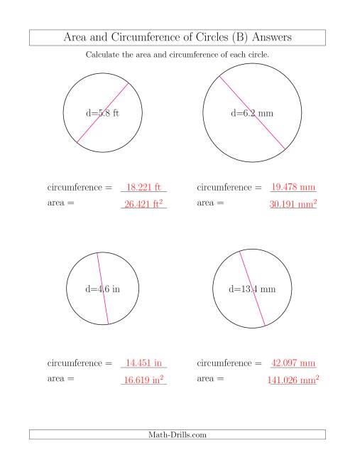 The Calculate Circumference and Area of Circles from Diameter (B) Math Worksheet Page 2