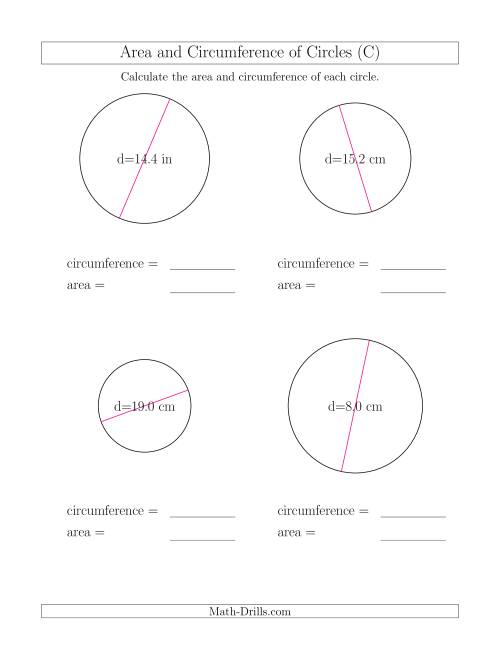 The Calculate Circumference and Area of Circles from Diameter (C) Math Worksheet