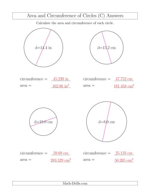 The Calculate Circumference and Area of Circles from Diameter (C) Math Worksheet Page 2