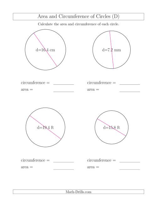 The Calculate Circumference and Area of Circles from Diameter (D) Math Worksheet