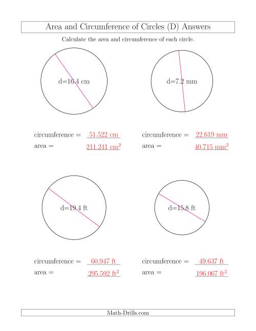The Calculate Circumference and Area of Circles from Diameter (D) Math Worksheet Page 2