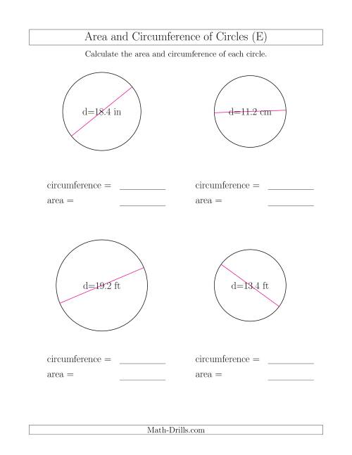 The Calculate Circumference and Area of Circles from Diameter (E) Math Worksheet