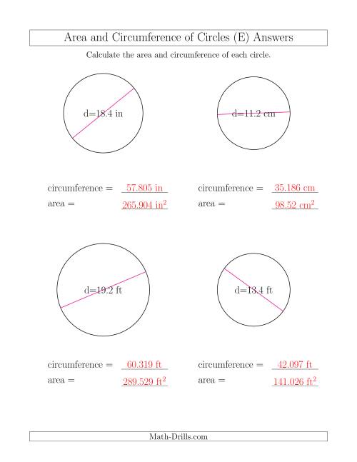 The Calculate Circumference and Area of Circles from Diameter (E) Math Worksheet Page 2