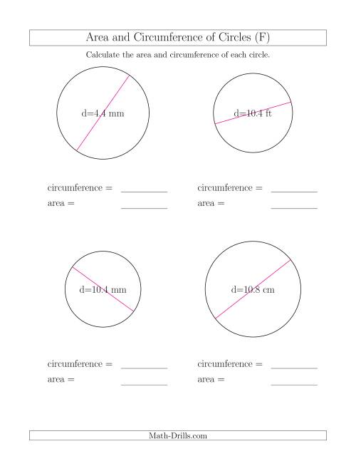 The Calculate Circumference and Area of Circles from Diameter (F) Math Worksheet