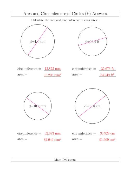 The Calculate Circumference and Area of Circles from Diameter (F) Math Worksheet Page 2