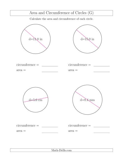 The Calculate Circumference and Area of Circles from Diameter (G) Math Worksheet