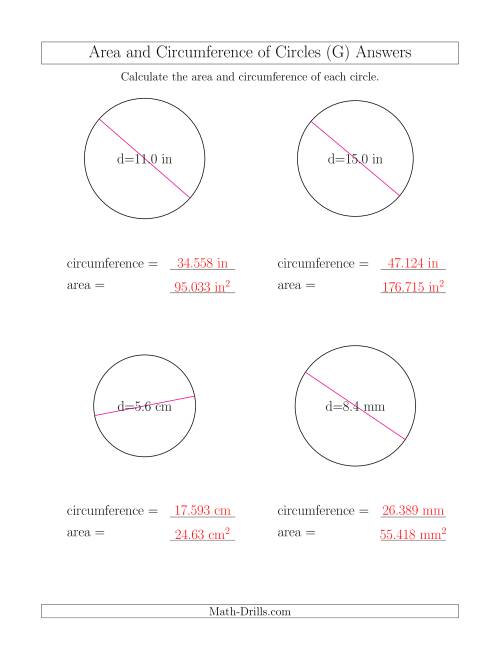 The Calculate Circumference and Area of Circles from Diameter (G) Math Worksheet Page 2