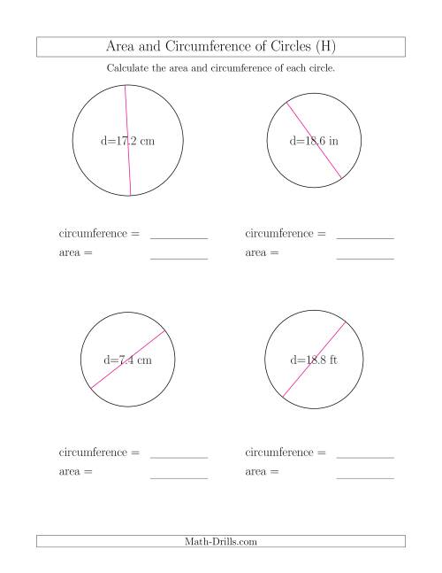 The Calculate Circumference and Area of Circles from Diameter (H) Math Worksheet