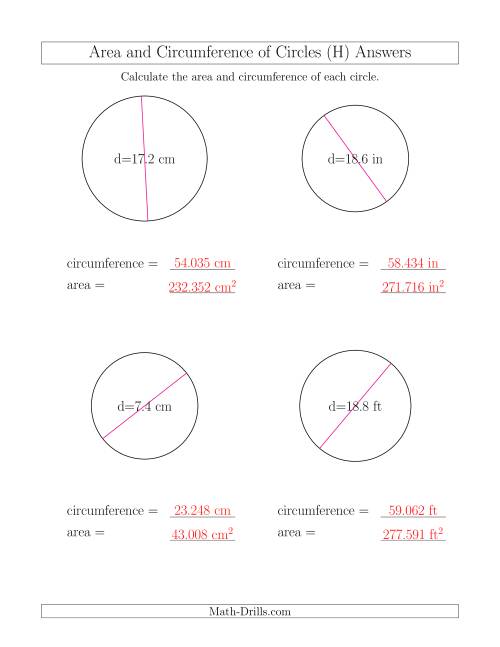 The Calculate Circumference and Area of Circles from Diameter (H) Math Worksheet Page 2