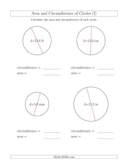 The Calculate Circumference and Area of Circles from Diameter (I) Math Worksheet