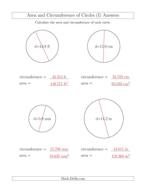 The Calculate Circumference and Area of Circles from Diameter (I) Math Worksheet Page 2