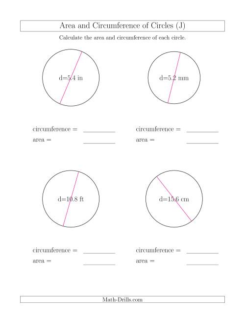 The Calculate Circumference and Area of Circles from Diameter (J) Math Worksheet