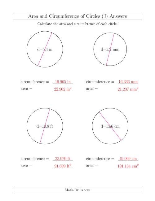 The Calculate Circumference and Area of Circles from Diameter (J) Math Worksheet Page 2