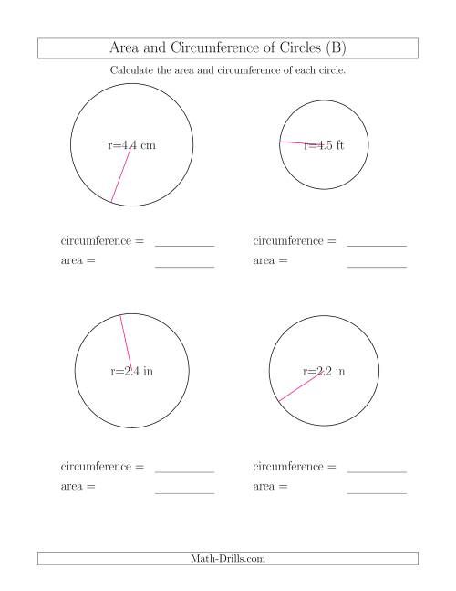 The Calculate Circumference and Area of Circles from Radius (B) Math Worksheet