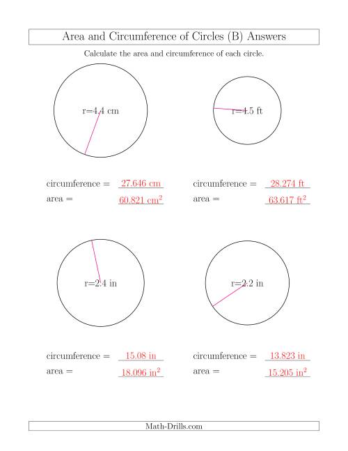 The Calculate Circumference and Area of Circles from Radius (B) Math Worksheet Page 2