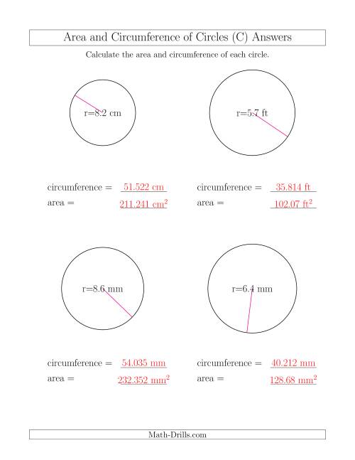 The Calculate Circumference and Area of Circles from Radius (C) Math Worksheet Page 2