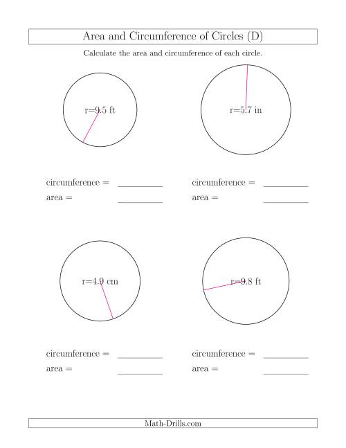 The Calculate Circumference and Area of Circles from Radius (D) Math Worksheet