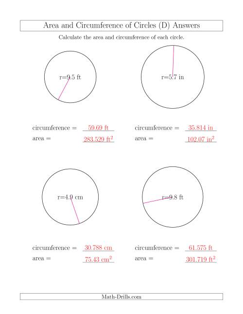 The Calculate Circumference and Area of Circles from Radius (D) Math Worksheet Page 2