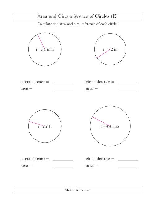 The Calculate Circumference and Area of Circles from Radius (E) Math Worksheet