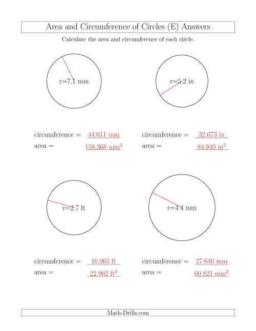The Calculate Circumference and Area of Circles from Radius (E) Math Worksheet Page 2