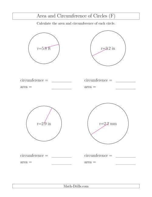 The Calculate Circumference and Area of Circles from Radius (F) Math Worksheet