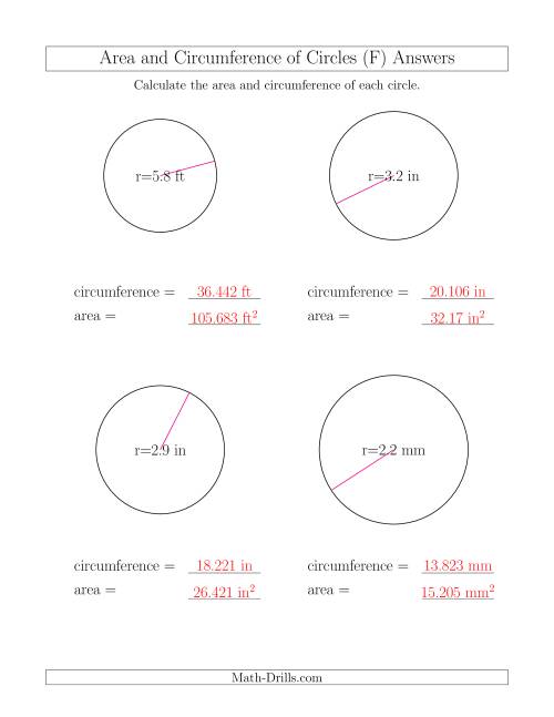The Calculate Circumference and Area of Circles from Radius (F) Math Worksheet Page 2